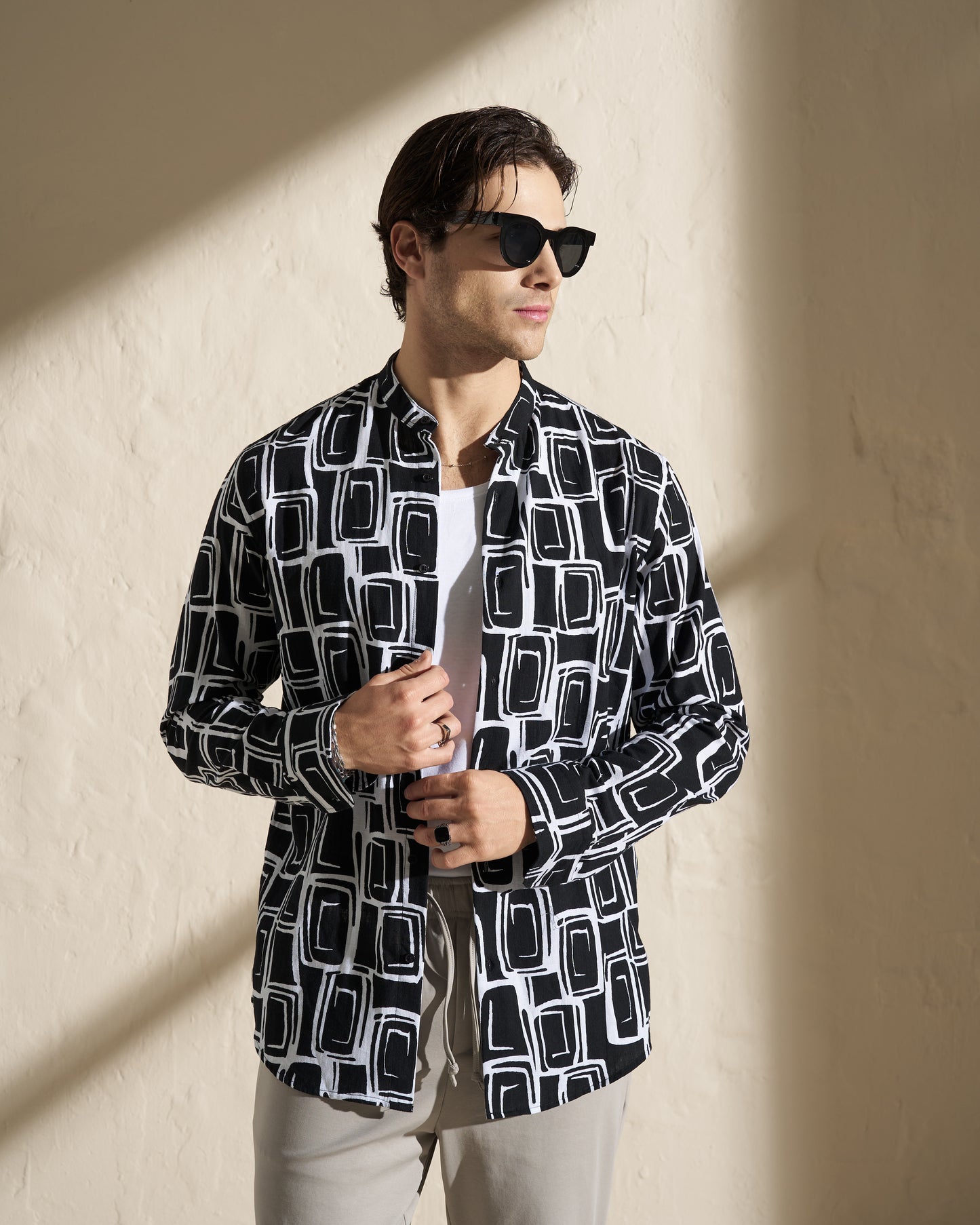 VISCOSE MAO LONG SLEEVE SHIRT – BLACK GEOMETRIC PRINT