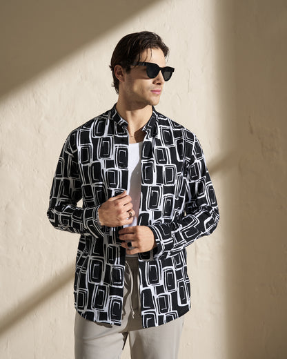 VISCOSE MAO LONG SLEEVE SHIRT – BLACK GEOMETRIC PRINT