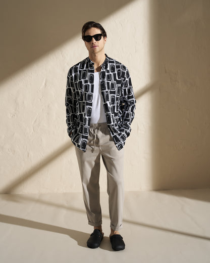 VISCOSE MAO LONG SLEEVE SHIRT – BLACK GEOMETRIC PRINT