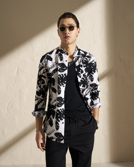 PRINTED MAO COLLAR SHIRT – BLACK & WHITE
