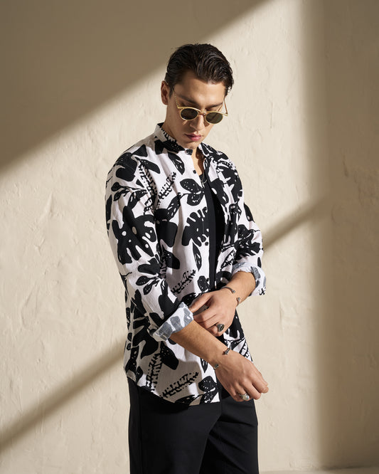 PRINTED MAO COLLAR SHIRT – BLACK & WHITE