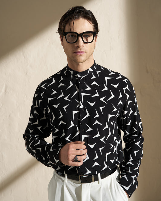 PRINTED MAO COLLAR SHIRT – BLACK & WHITE
