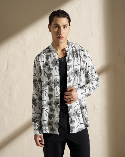 FLORAL PRINTED MAO COLLAR SHIRT – WHITE / BLACK