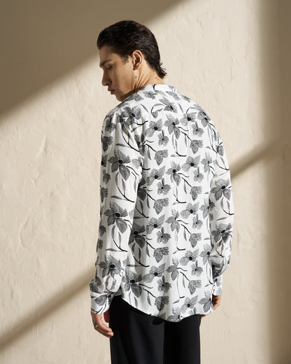 FLORAL PRINTED MAO COLLAR SHIRT – WHITE / BLACK