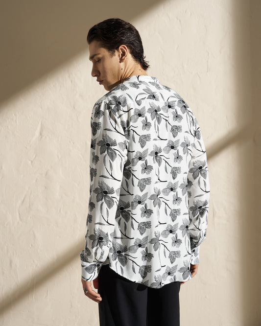 FLORAL PRINTED MAO COLLAR SHIRT – WHITE / BLACK