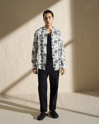 FLORAL PRINTED MAO COLLAR SHIRT – WHITE / BLACK