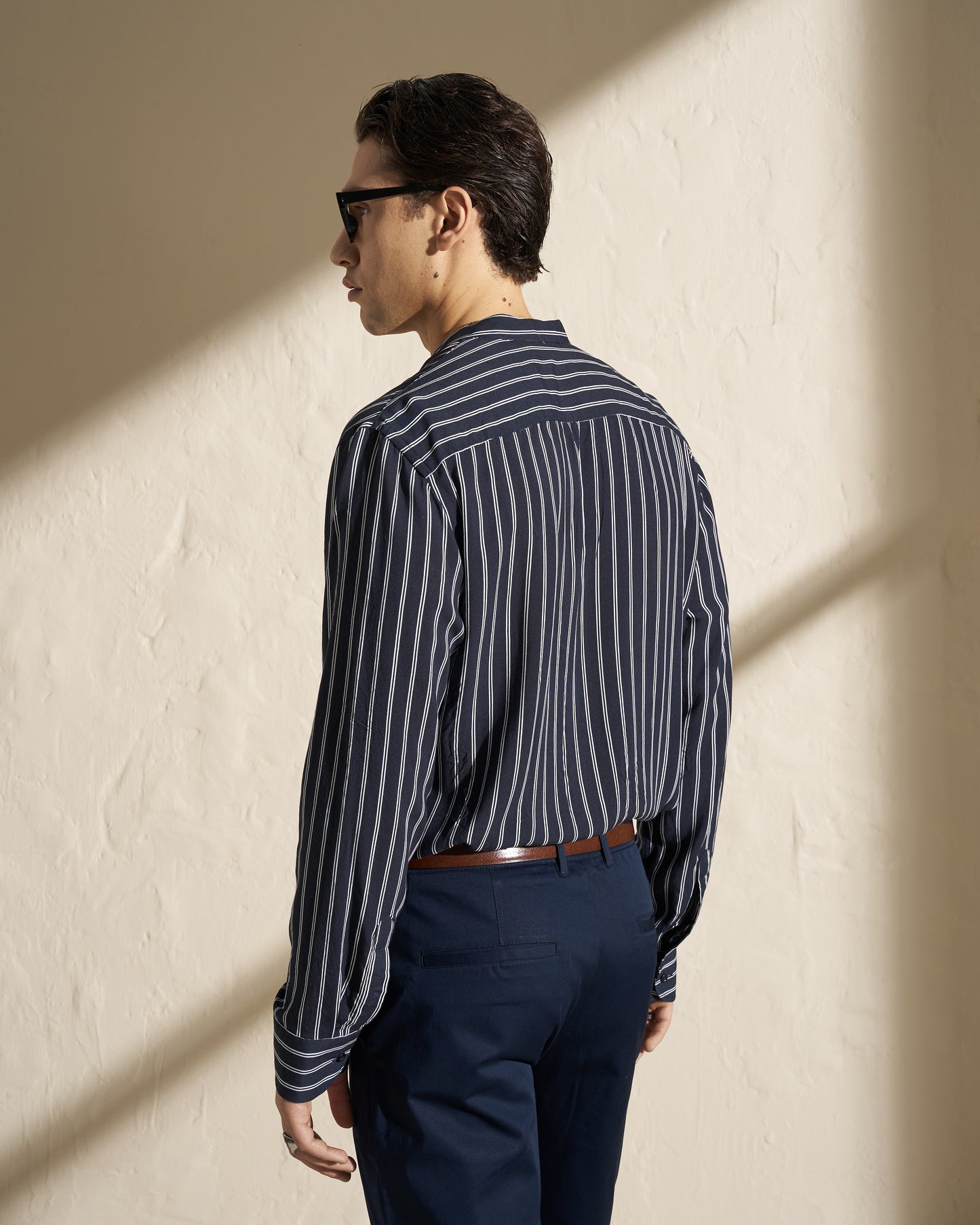 STRIPED MANDARIN COLLAR SHIRT
